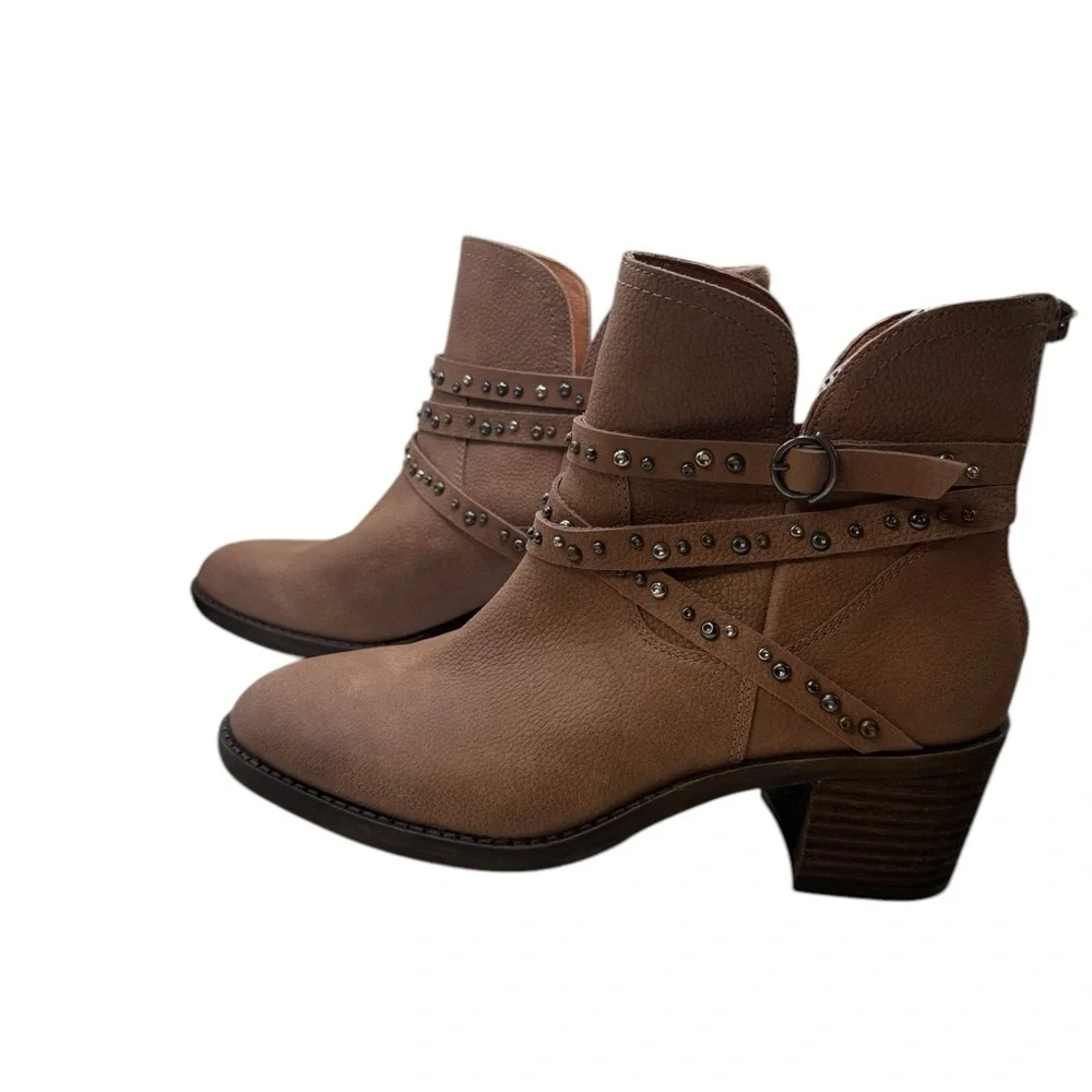 Lucky Brand Callam Studded Strap Boot NWOB Brown Heel Ankle Western Boho Festiva